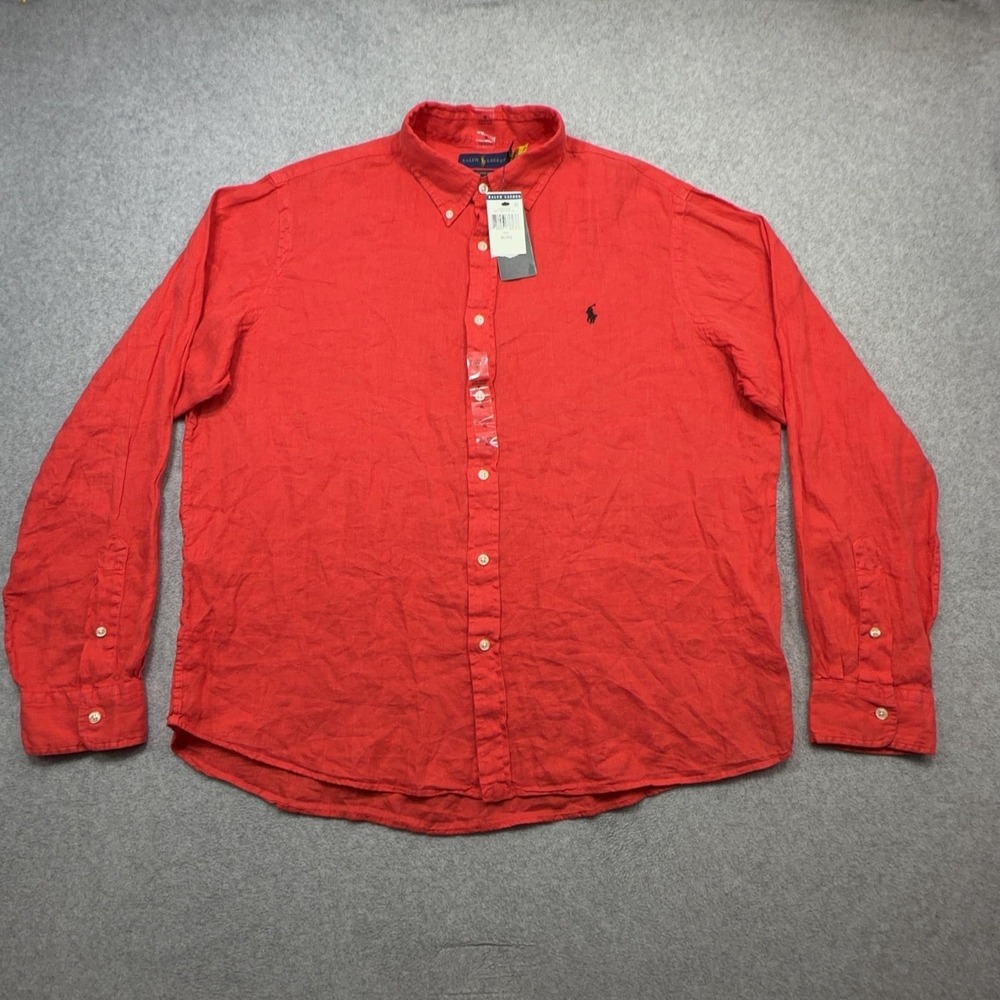 Ralph Lauren Linen Shirt Mens XL Red Long Sleeve Button RL Untucked Fit Classic